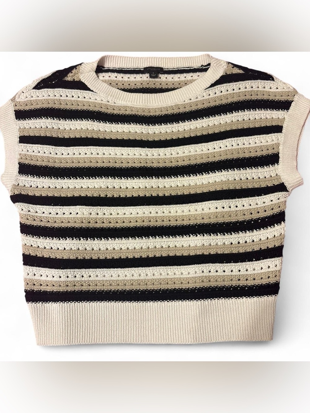 Ann Taylor Striped Crewneck Sweater in Black & Cream with Taupe Accents Sz M